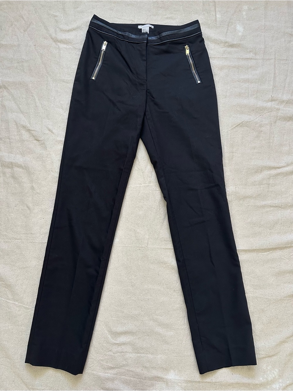 H&M Black Mid-Rise Straight Leg Pants with Faux Leather Trim & Gold Zippers - 4